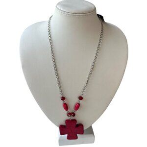 Superstar Accessories Fashion Jewelry Red Beaded Necklace w/Cross (NEW)